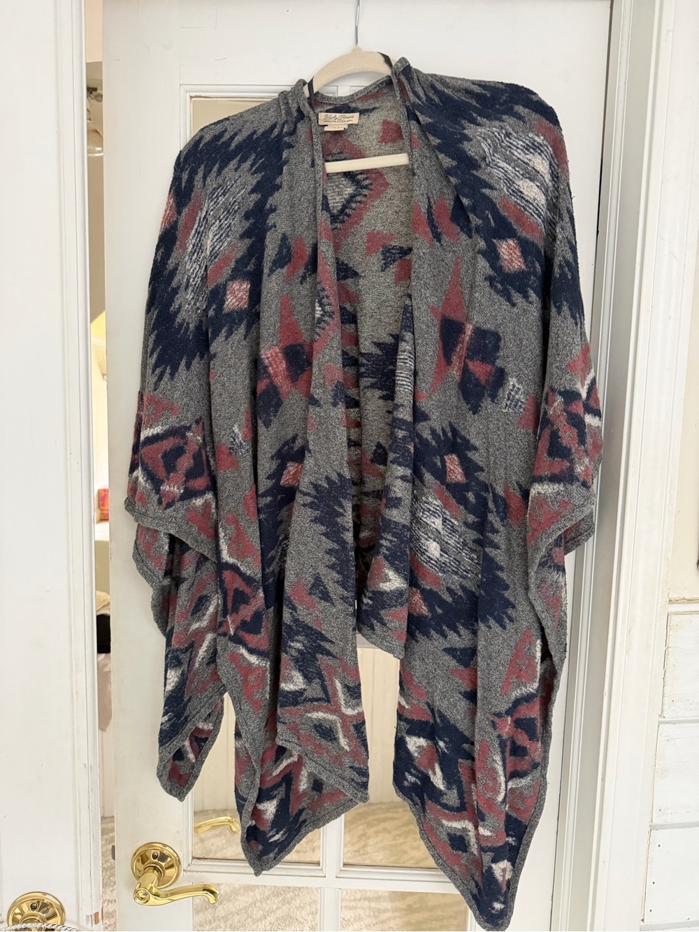 Lucky Brand Gray Hooded Poncho with Navy & Dusty Rose Aztec Print